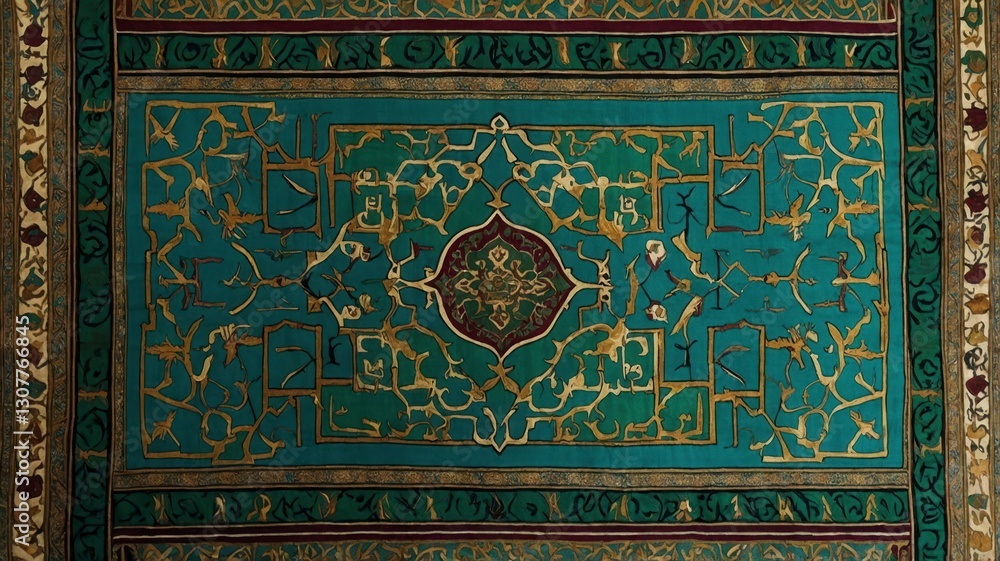 Elegant Teal Rug with Intricate Floral and Geometric Design
