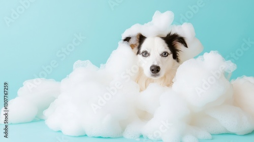 Fluffy Collie Dog Surrounded by Soap Bubbles with Only Eyes Visible photo