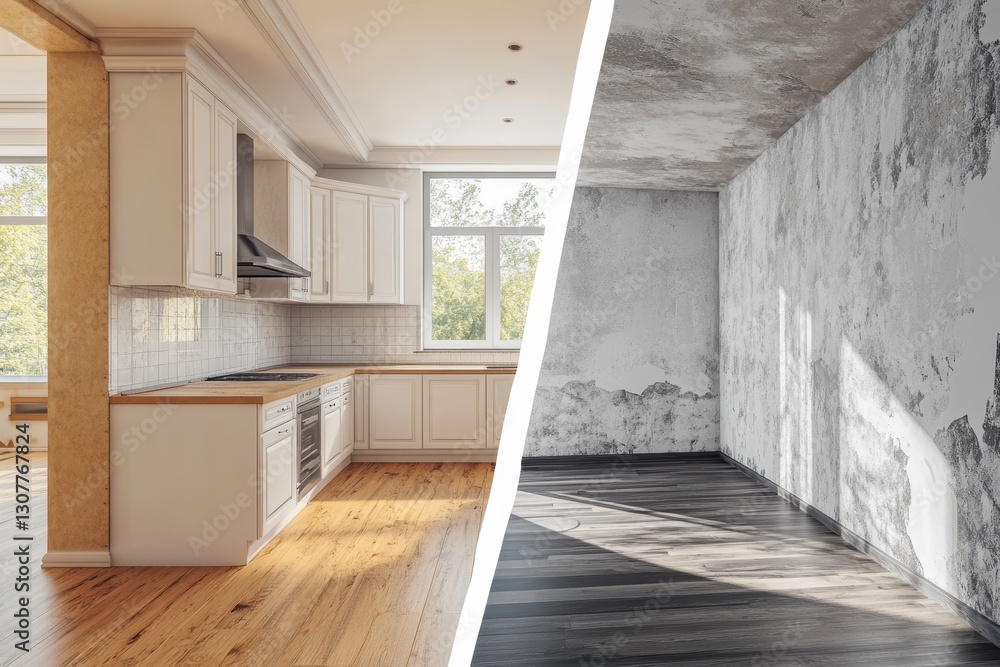 Fototapeta premium Before renovation showcasing a modern kitchen and an empty weathered room side by side