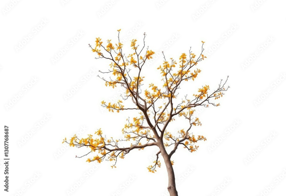 Fototapeta premium Single deciduous tree, branches reaching skyward, stark white backdrop, deciduous, summer