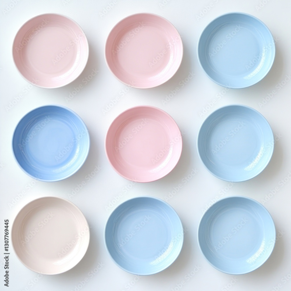 Nine pastel-colored bowls arranged in a grid pattern on a white background. Nine pastel-colored bowls arranged in a grid pattern on a white background.