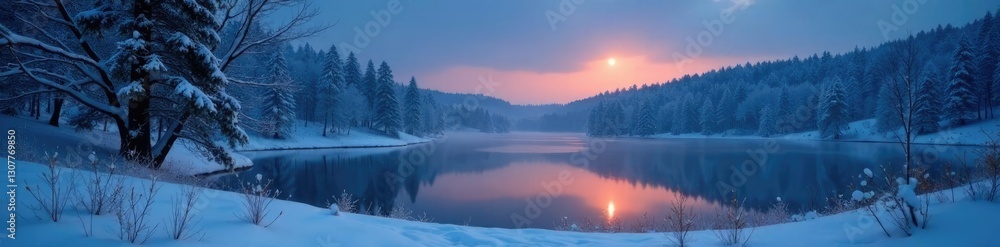 Snow-covered trees and bushes surround a tranquil lake in a winter landscape illuminated by the soft glow of the crescent moon, peaceful atmosphere, quiet woods, icy calm Snow-covered trees and bushes surround a tranquil lake in a winter landscape illuminated by the soft glow of the crescent moon, peaceful atmosphere, quiet woods, icy calm