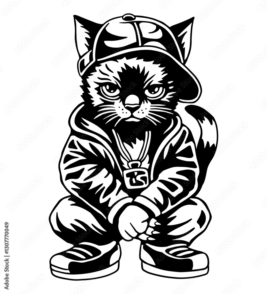 Obraz premium Cool black and white vector illustration of a hip-hop cat in a cap, hoodie, and sneakers, squatting with attitude. Perfect for streetwear designs, tattoos, and urban-themed art.