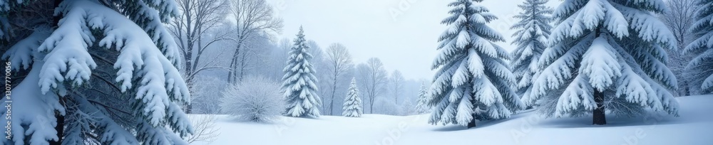 Fototapeta premium Snow-covered trees with branches heavy with weight, cold climate, frozen landscape, frosty branches