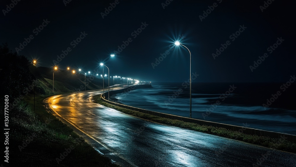 Obraz premium Empty highway curving along a dark ocean coastline at night, illuminated by streetlights.