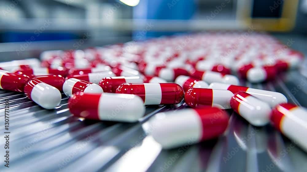 Red and white capsules on a metal conveyor belt