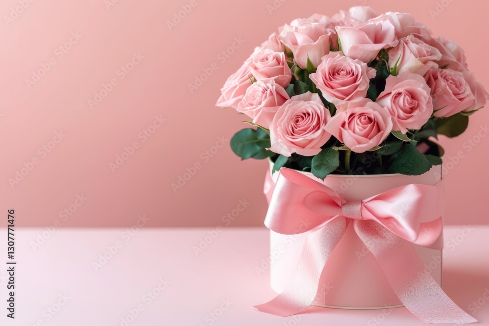 A beautiful bouquet of pink roses in a pink hat box with a pink ribbon, perfect for a special occasion.