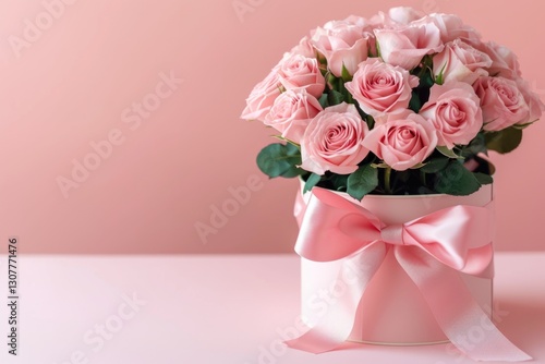 Obraz na płótnie A beautiful bouquet of pink roses in a pink hat box with a pink ribbon, perfect for a special occasion. w salonie