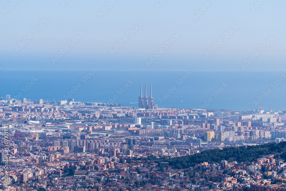 Barcelona, Spain - February 3, 2025: Aerial view of the city. Cityscape from above the Temple of the Sacred Heart, Tibidabo Barcelona, Spain - February 3, 2025: Aerial view of the city. Cityscape from above the Temple of the Sacred Heart, Tibidabo