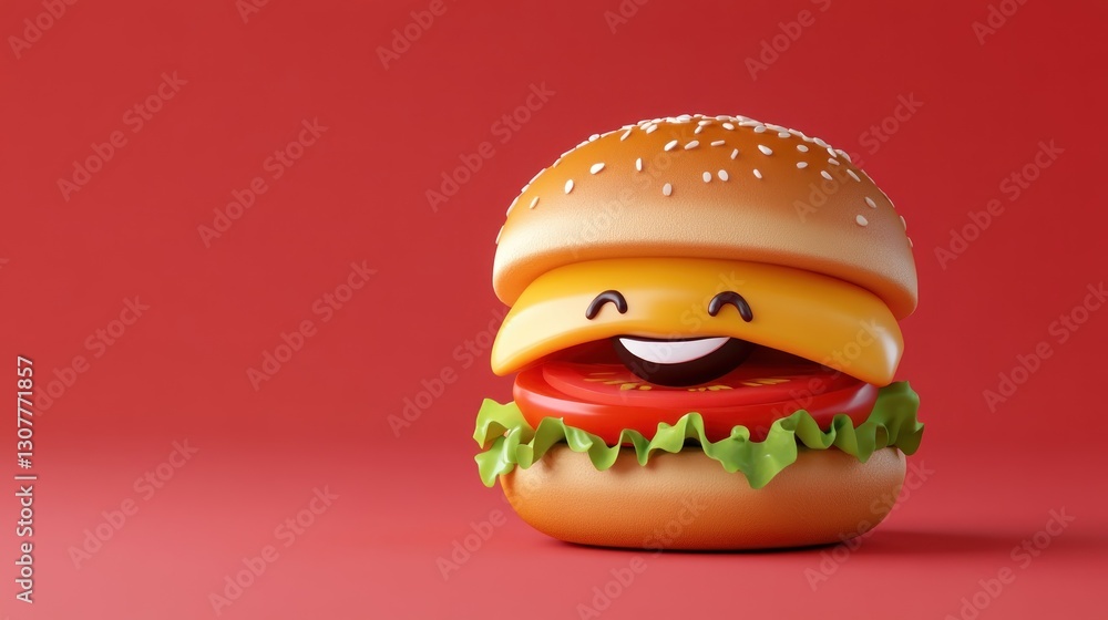 Happy cartoon cheeseburger on red background. (1)