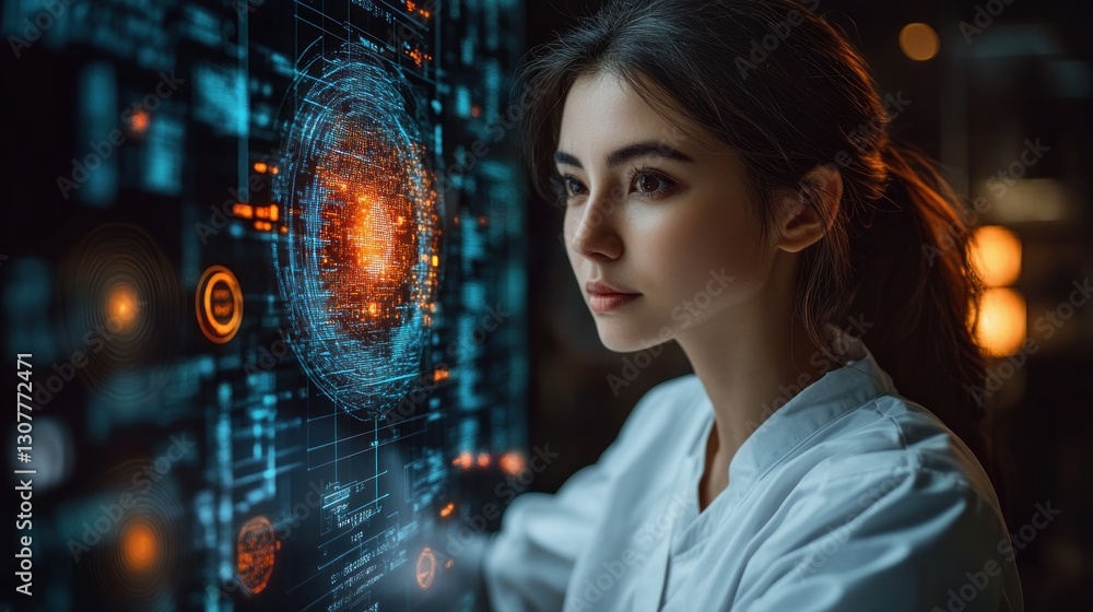 Woman Observing Futuristic Interface Woman Observing Futuristic Interface