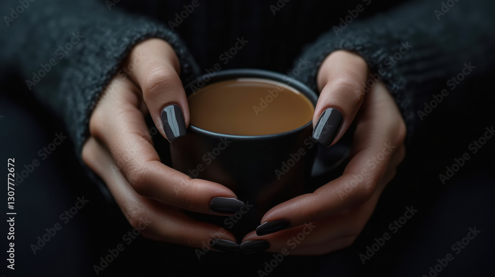 Elegant female hands with matte nail finish holding a coffee mug in cozy sweater setting Elegant female hands with matte nail finish holding a coffee mug in cozy sweater setting