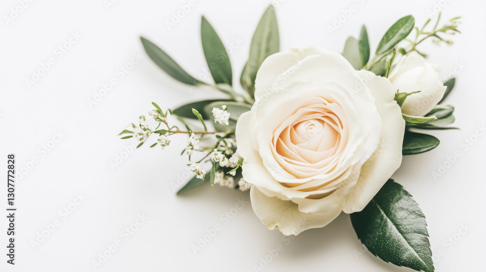 Fototapeta premium Elegant floral boutonniere close-up with white rose and greenery for wedding or formal event design