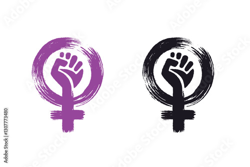 Fist symbol of feminism in Venus mirror, black and purple icons