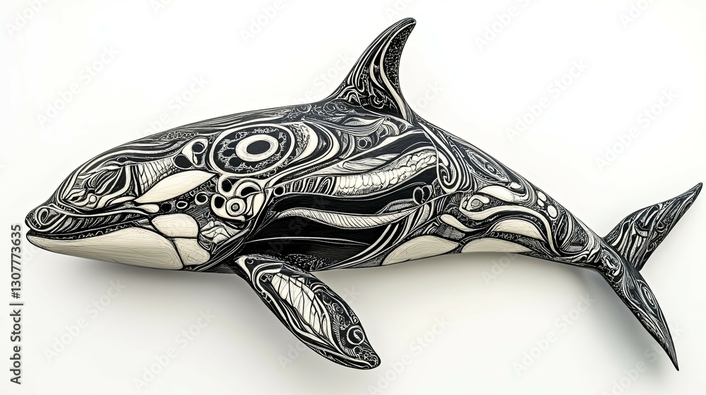 Obraz premium Orca Sculpture: Intricate Black and White Ink Design