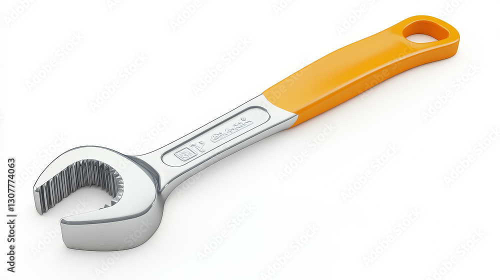 A 3D vector illustration of a metallic wrench, isolated on a white background. The design features realistic details, including smooth curves, a polished metal texture, A 3D vector illustration of a metallic wrench, isolated on a white background. The design features realistic details, including smooth curves, a polished metal texture,