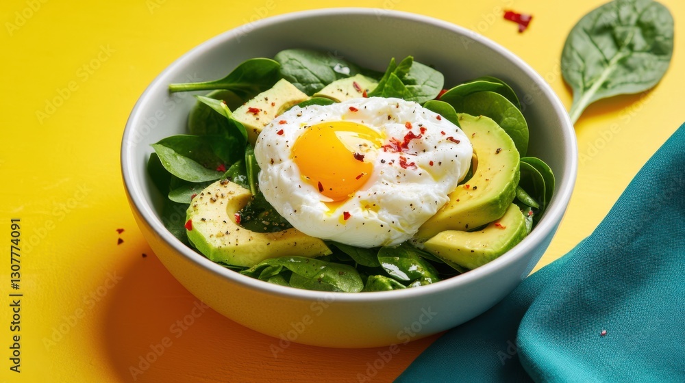 Fresh and vibrant bowl with avocado, poached egg, and spinach on a bold, color-blocked background. Modern food styling with bright, energizing colors and dynamic presentation. Fresh and vibrant bowl with avocado, poached egg, and spinach on a bold, color-blocked background. Modern food styling with bright, energizing colors and dynamic presentation.