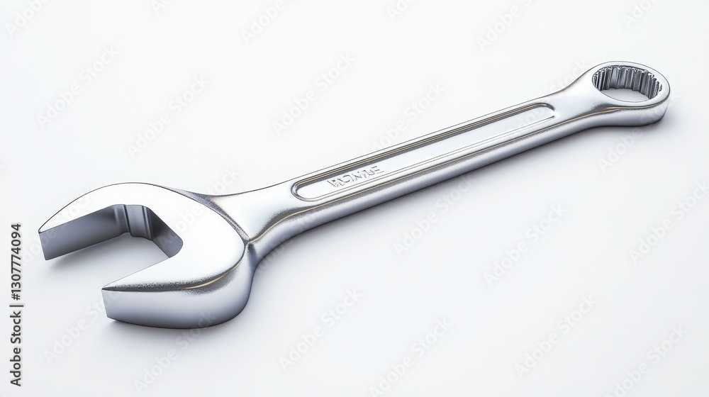 A 3D vector illustration of a metallic wrench, isolated on a white background. The design features realistic details, including smooth curves, a polished metal texture, A 3D vector illustration of a metallic wrench, isolated on a white background. The design features realistic details, including smooth curves, a polished metal texture,