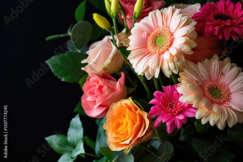 Wallpaper Mural A vibrant bouquet of pink, orange, and red gerbera daisies and roses, beautifully arranged against a dark background. Torontodigital.ca