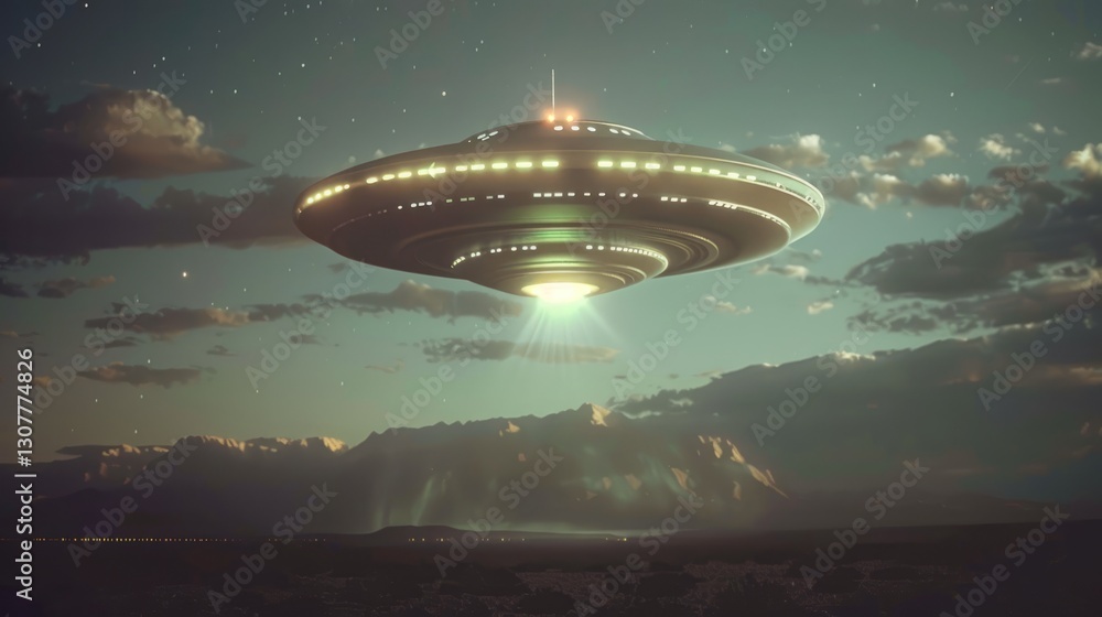 Massive UFO spacecraft hovering over desert landscape at twilight with dramatic light beams Massive UFO spacecraft hovering over desert landscape at twilight with dramatic light beams