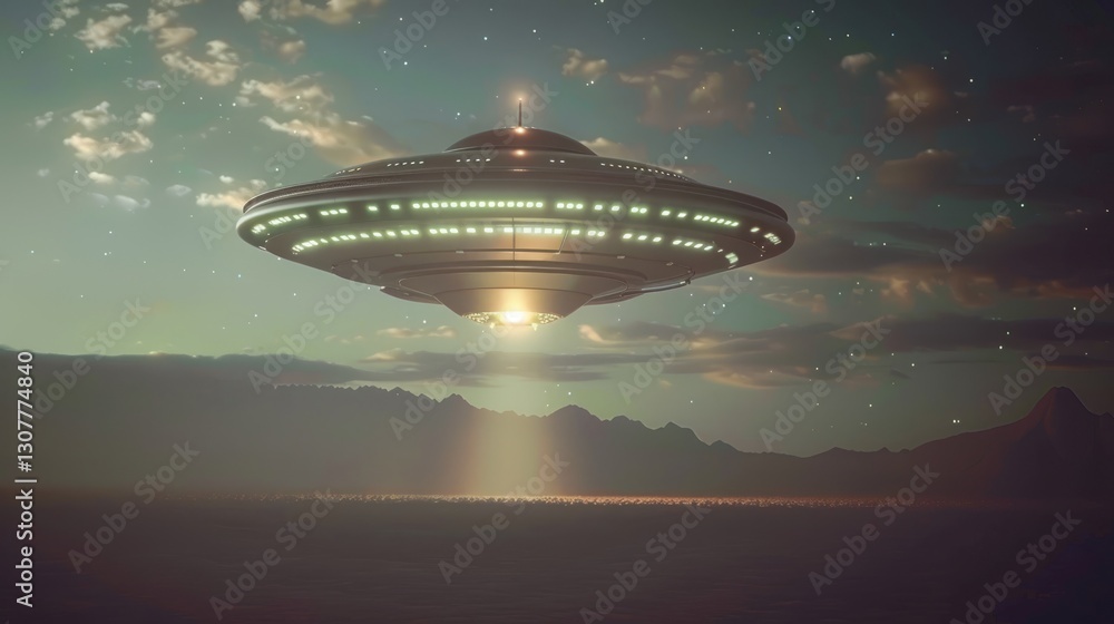 Massive UFO spacecraft hovering over desert landscape at twilight with dramatic light beams Massive UFO spacecraft hovering over desert landscape at twilight with dramatic light beams