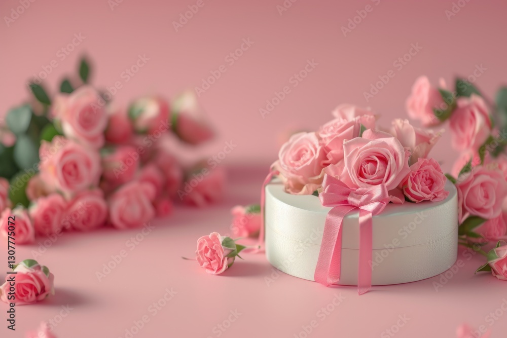 A heart-shaped box adorned with pink roses, surrounded by more roses, creates a romantic and elegant Valentine's Day scene. A heart-shaped box adorned with pink roses, surrounded by more roses, creates a romantic and elegant Valentine's Day scene.