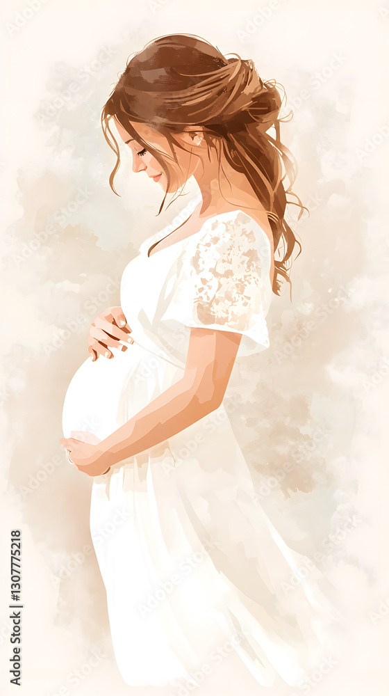 A beautifully hand-drawn portrait of a pregnant woman in a white dress, set against a soft beige background
A beautifully hand-drawn portrait of a pregnant woman in a white dress, set against a soft beige background