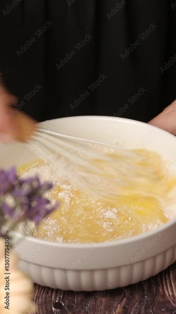 Whisking sugar egg mixture with flour close up Whisking sugar egg mixture with flour close up