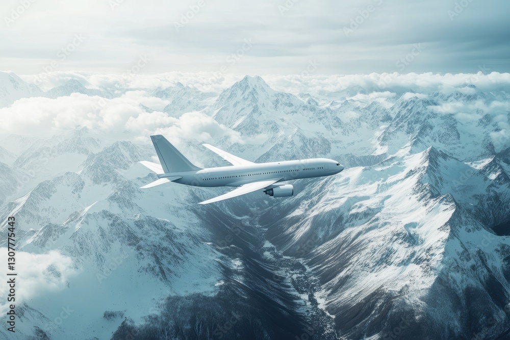 Fototapeta premium Airplane Flying Over Snow-Capped Mountains and Clouds in the Sky