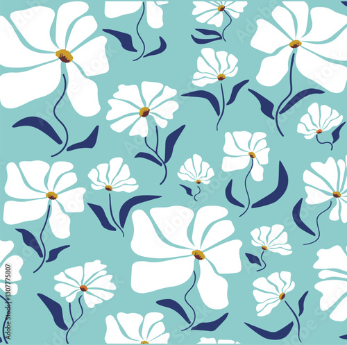 Hand drawn seamless pattern with beautiful flowers. Vector illustration, retro, groovy style. Can be used for embroidering flowers, wallpaper.