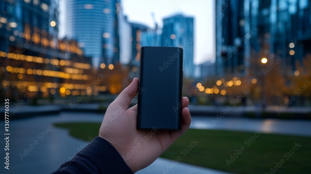 Hand holding portable charger in city park Hand holding portable charger in city park