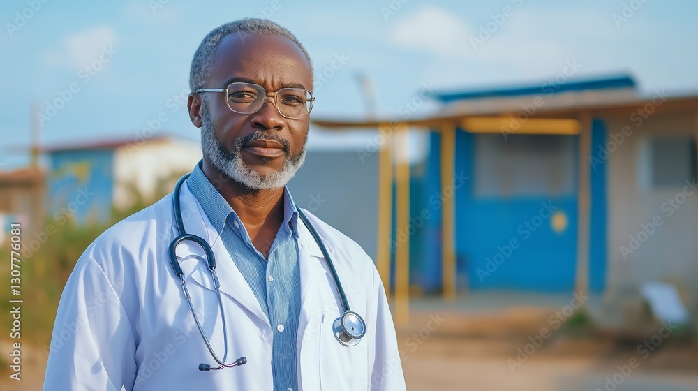 A doctor poses outside a health clinic in a rural area, wearing a lab coat and stethoscope. The setting reflects a commitment to community health and wellness.