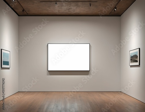 Obraz na płótnie A minimalist art gallery featuring a large blank canvas in the center, surrounded by two framed landscape photographs on a softly illuminated wall. w salonie