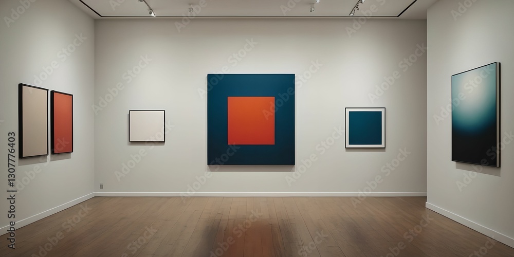 A modern art gallery displaying a vibrant explosion of colors in an abstract digital painting, reflecting light on the polished floor.