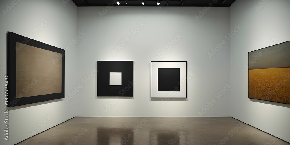 A minimalist art gallery featuring a large blank canvas in the center, surrounded by two framed landscape photographs on a softly illuminated wall.