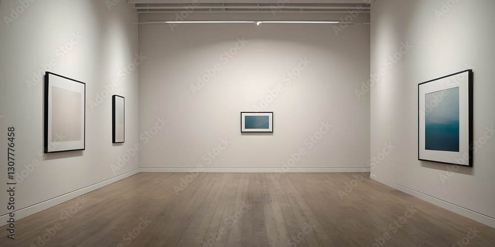 A modern art gallery displaying a vibrant explosion of colors in an abstract digital painting, reflecting light on the polished floor.