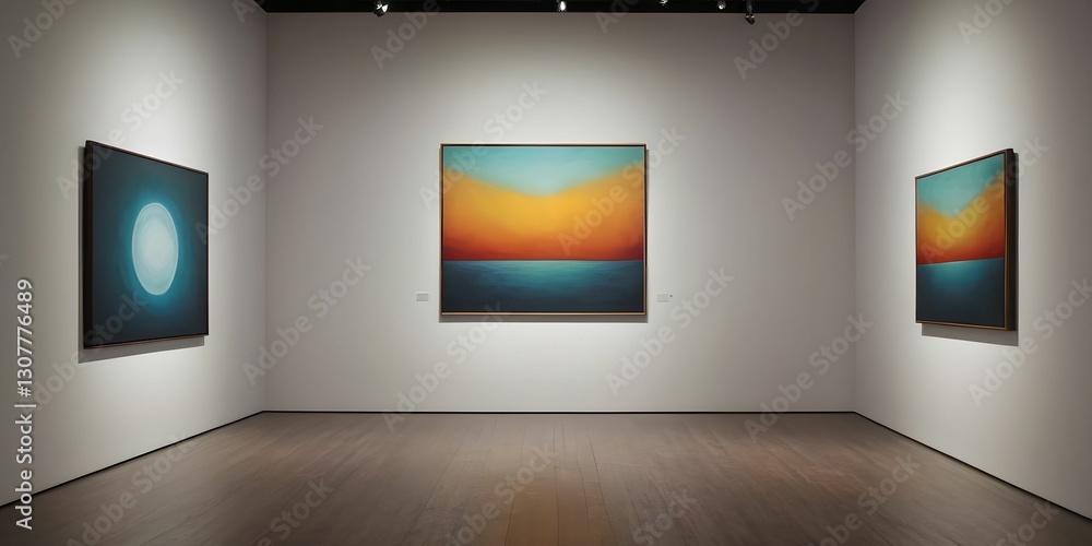 A minimalist art gallery featuring a large blank canvas in the center, surrounded by two framed landscape photographs on a softly illuminated wall.