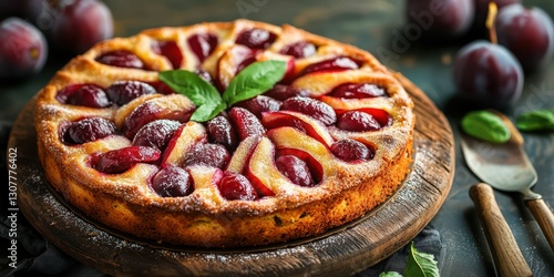 Wallpaper Mural Delicious plum tart displayed on a wooden serving board with fresh mint leaves in a cozy kitchen setting Torontodigital.ca