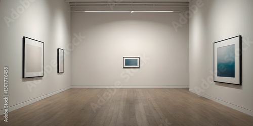 A modern art gallery displaying a vibrant explosion of colors in an abstract digital painting, reflecting light on the polished floor.