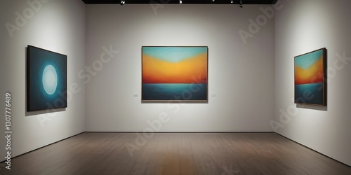 Obraz na płótnie A minimalist art gallery featuring a large blank canvas in the center, surrounded by two framed landscape photographs on a softly illuminated wall. w salonie