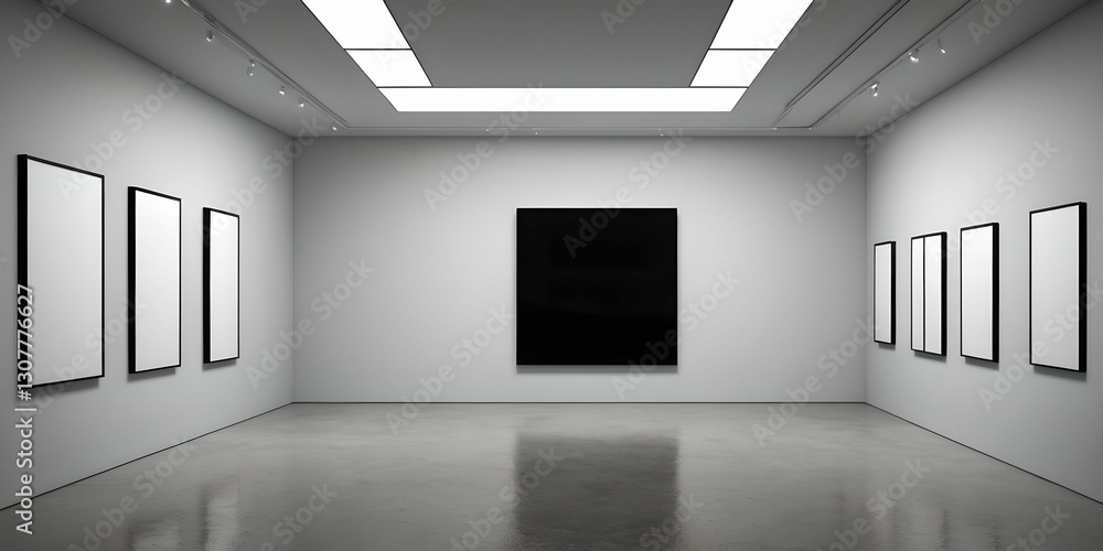 A modern art gallery displaying a vibrant explosion of colors in an abstract digital painting, reflecting light on the polished floor.