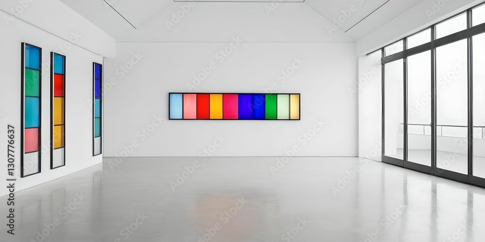A contemporary art gallery displaying a series of minimalist framed artworks, with a large blank canvas in the center, illuminated by soft overhead lighting.