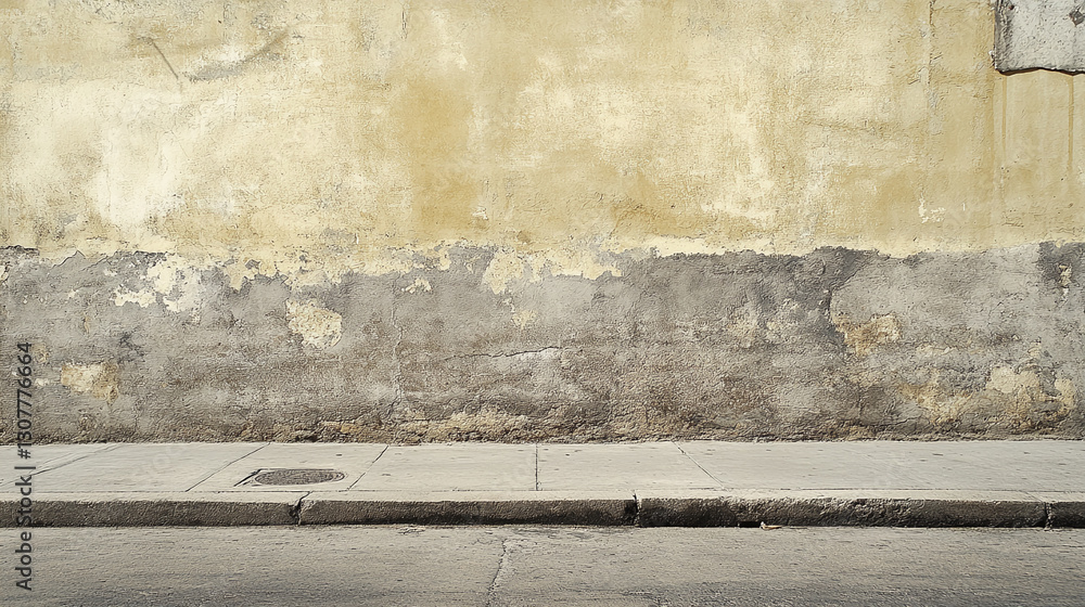 Fototapeta premium Textured wall and sidewalk scene, showcasing aged wall surface and empty space ideal for product placement or text overlay, creating a rustic backdrop