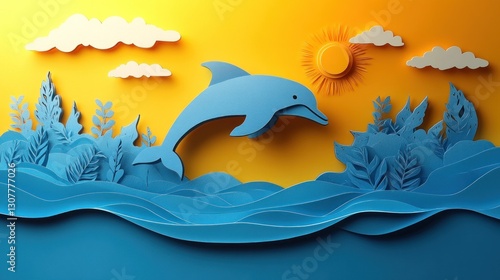 Paper Art Dolphin Leaping Ocean Waves, Sunny Day