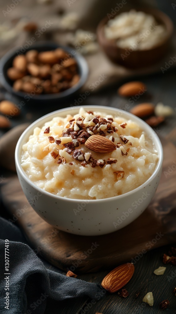 Creamy rice pudding with nuts and chocolate sprinkles garnished in a rustic setting Creamy rice pudding with nuts and chocolate sprinkles garnished in a rustic setting