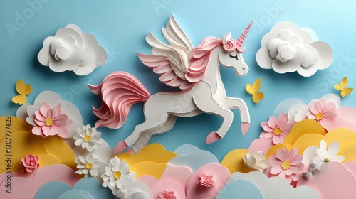 Paper unicorn flying over floral clouds with butterflies