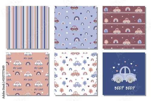 A set of seamless patterns for children with cars in pleasant pastel colors. Vector illustration