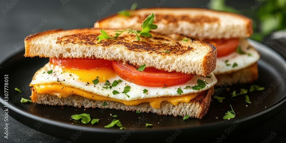 Delicious breakfast sandwich with eggs, cheese, and tomatoes on toasted bread served on a dark plate Delicious breakfast sandwich with eggs, cheese, and tomatoes on toasted bread served on a dark plate