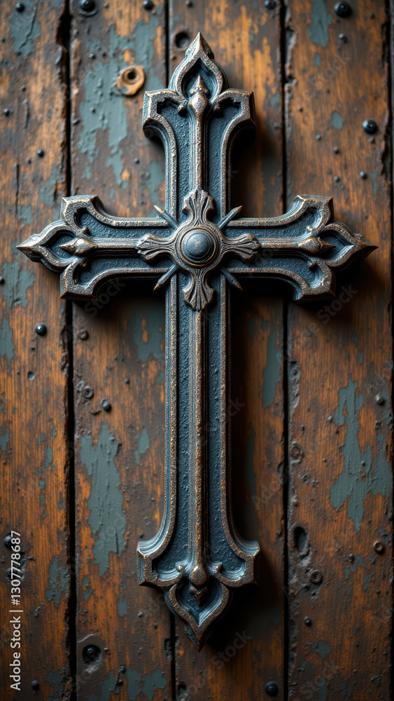 Rustic wooden door with a metal cross symbolizing Christianity. Rustic wooden door with a metal cross symbolizing Christianity.