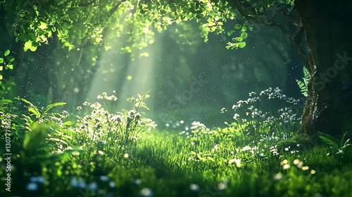 Sunbeams filtering through the lush green forest, illuminating a serene meadow of wildflowers. A magical, tranquil scene.